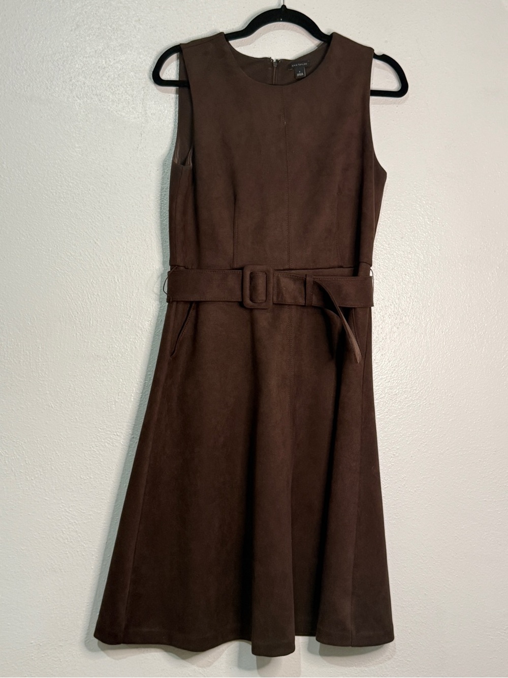 Ann Taylor Brown Sueded  Sleeveless Belted Midi Dress. Sz 6.